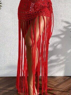Red Boho Women's Hollow Out Woven Tassel Trim Cover-Up & Skirt